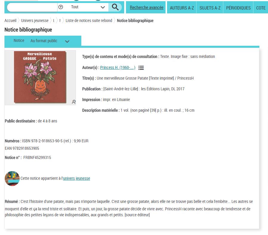 La notice de catalogage de la Bibliothèque nationale de France, carte d'identité du livre Merveilleuse Grosse Patate