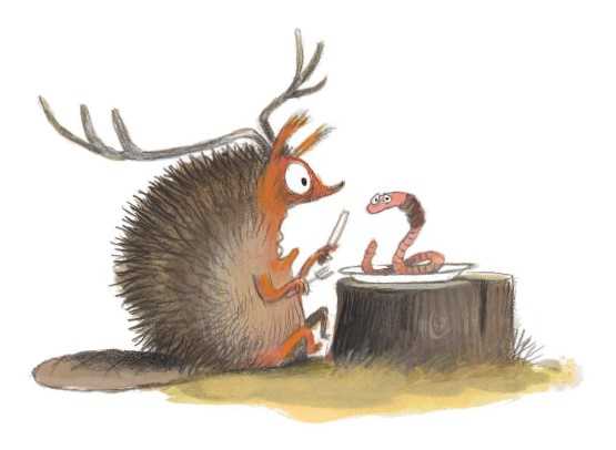 Notre écureuil, avec des bois de cerf, une queue de castor et un corps de  hérisson est attablé sur une souche, prêt à manger un ver de terre