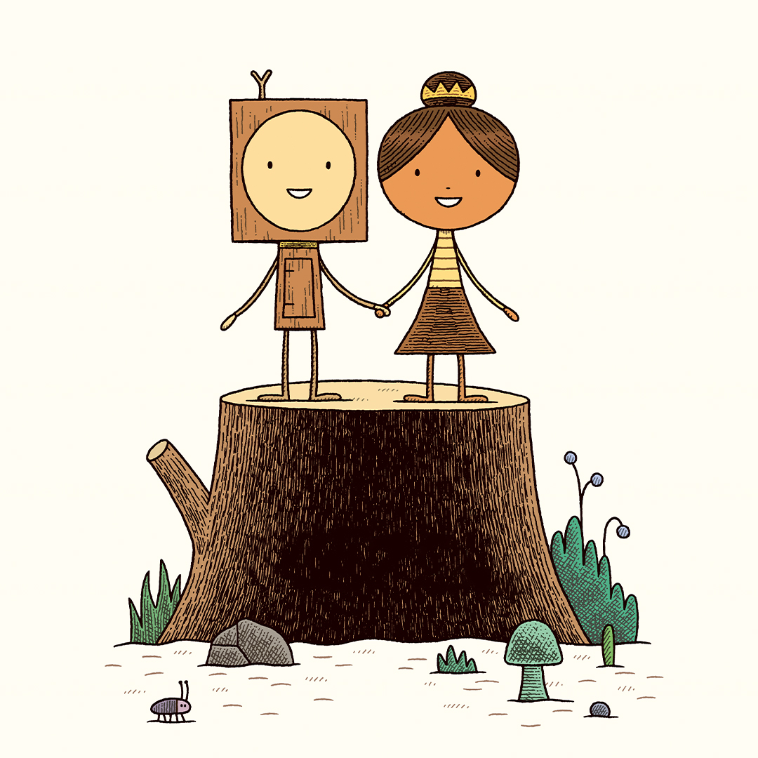 Les personnages de bois, princesse et robot, se donnent la main. Ils sont debout sur une souche d'arbre.